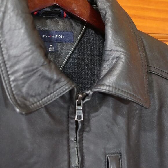 Tommy Hilfiger Vintage 90s Black Distressed Leather Biker Jacket Medium - Picture 2 of 16